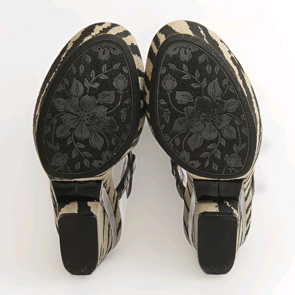 Zebra Print Wedge Sandals Black Leather Strappy Platform Peep Toe Heels 6M - Picture 7 of 9